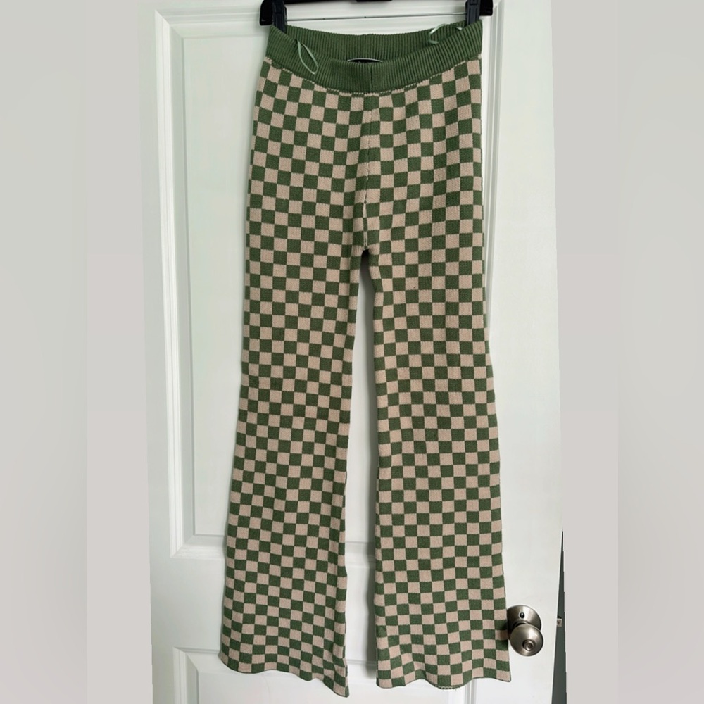Blue Blush Green and Cream Checkered Flare Pants
